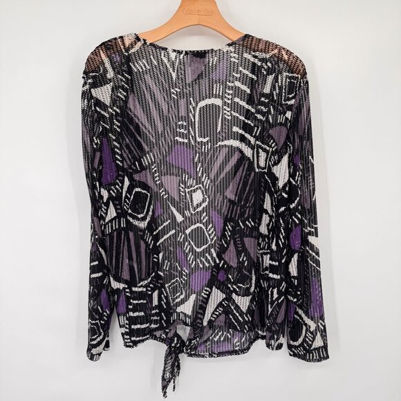 Chicos 2 Black Purple Tie-Front mesh Cardigan jacket Size large Geometric - Picture 10 of 10